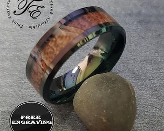 Mens Engraved Black Promise Band Ring Wood Inlay