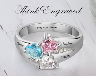 3 BirthStone Mother's Ring Three Loves 3 Names .925 Sterling Silver