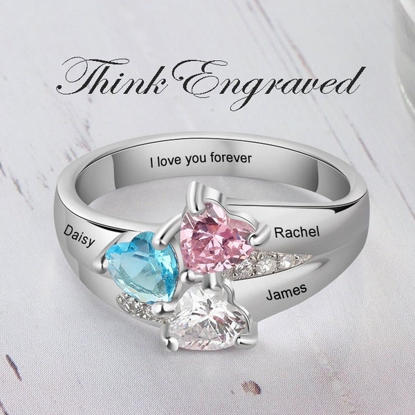 3 BirthStone Mother's Ring Three Loves 3 Names .925 Sterling Silver