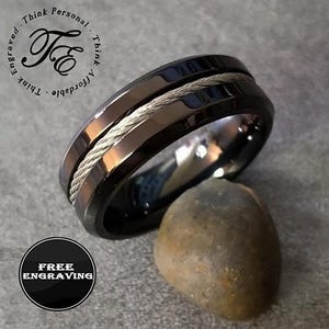 Personalized Men&#39;s Wire Cable Wedding Ring Band - Men&#39;s Engraved Handwriting Ring