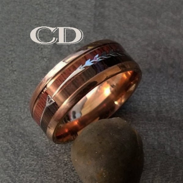 Men's African Black Wood and Koa Wood with Silver Arrow Wedding Ring Band - Wood Silver Arrow Rose Gold Wedding Ring