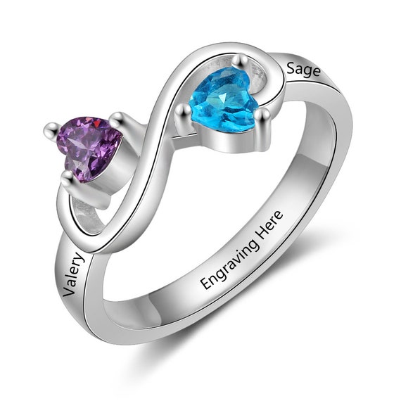 Personalized Mothers Infinity Ring 2 Heart Birthstones 2 Engraved