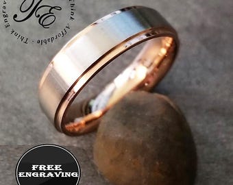 Engraved Men's Rose Gold Promise Ring: Brushed Steel & Surgical Stainless Steel