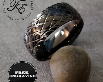 Black Racing Tire Tread Ring: Stainless Steel Promise Band