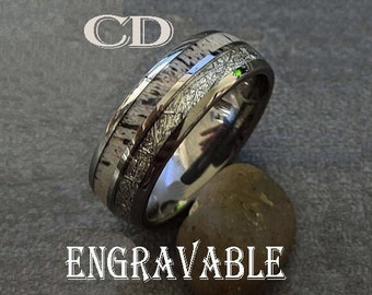 Men's Personalized Silver Tungsten Wedding Ring Band - Engraved Meteorite and Deer Antler Inlay Wedding Ring For Him