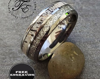 Men's Tungsten Wedding Ring: Meteorite & Deer Antler Inlay