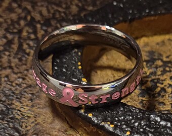 Pink Enamel Breast Cancer Awareness Ring: Stainless Steel Survivor