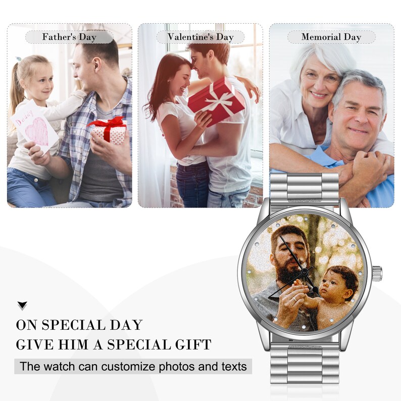 May include: A silver watch with a round face and a silver band. The watch face has a photo of a man and a child. The watch is a personalized gift for a special occasion.