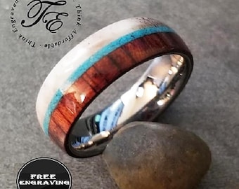 Engraved Men's Tungsten Wedding Ring Band With Antler, Wood and Turquoise Inlays