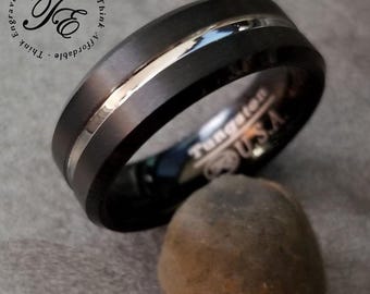 Personalized Black Tungsten Men's Promise Ring: Silver Groove Band