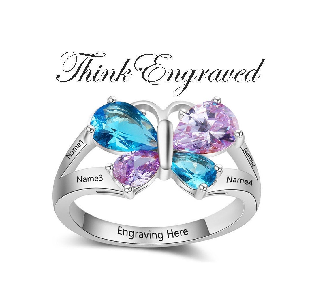 Personalized 4 Birthstone Butterfly Mother s Ring 4 Engraved Names