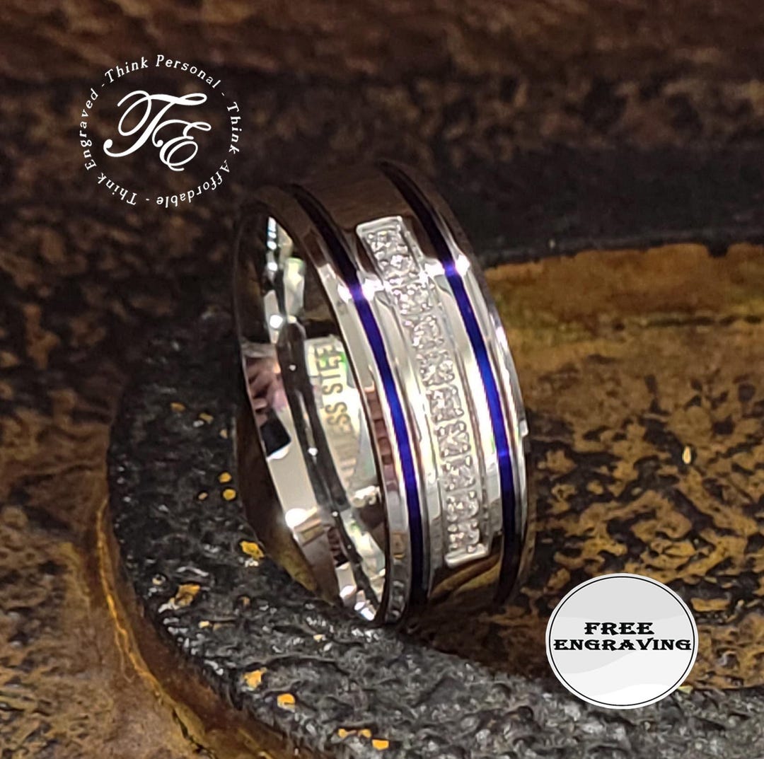 Blue Line Rings For Men Men's Blue Line CZ Wedding Band: Polished 316L Steel Ring - Etsy