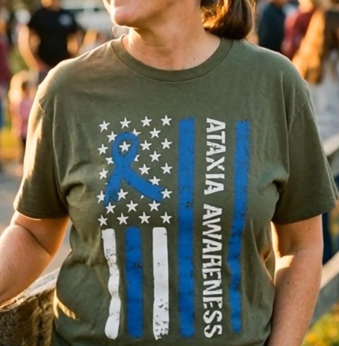 Ataxia Awareness Blue Ribbon American Flag Tee | Distressed Stars ...
