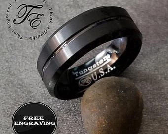 Personalized Black Grooved Tungsten Ring - Promise Band for Men