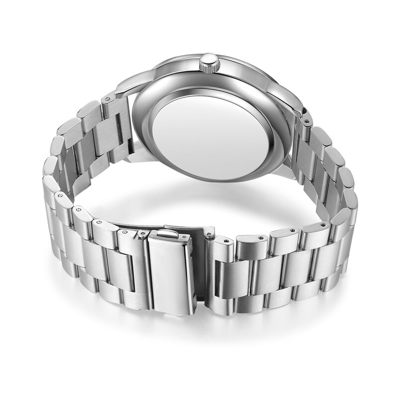 May include: A silver watch with a stainless steel band. The watch has a round face and a silver case.