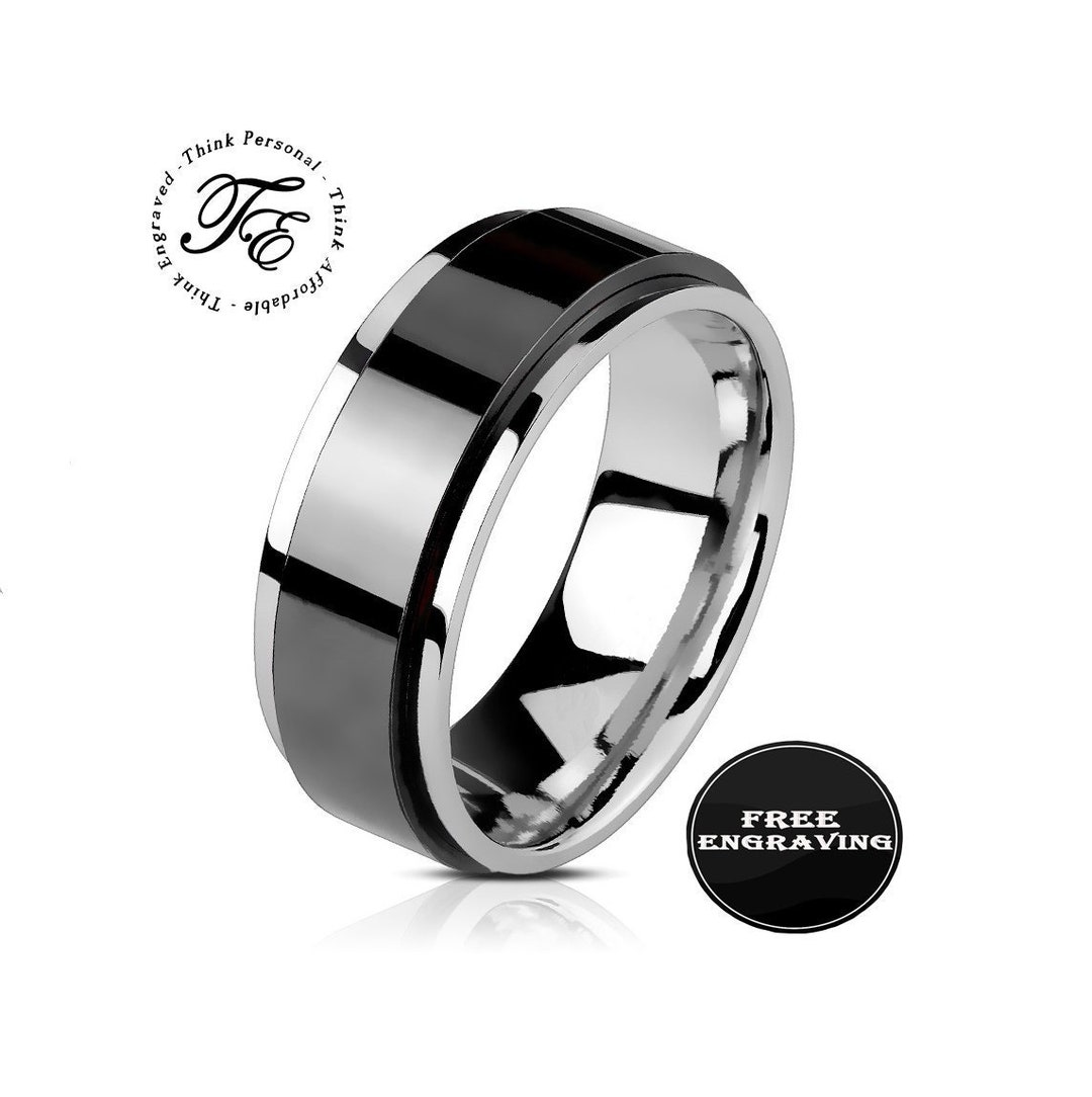 Personalized Engraved Men's Spinner Ring Black and Silver Two Toned Etsy
