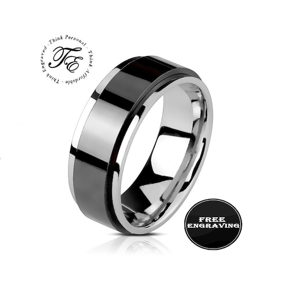 Personalized Engraved Men's Spinner Ring Black and Silver Etsy