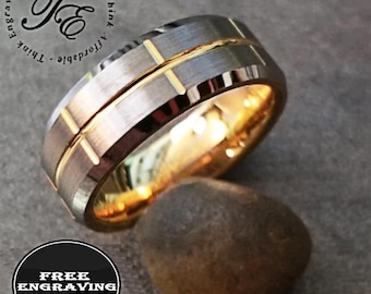 Personalized Men's Tungsten Wedding Ring: Two-Tone Gold & Silver Grooves