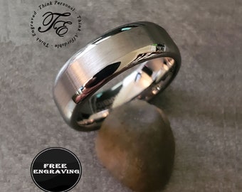 Men's Two Tone Tungsten Wedding Band: Silver Brushed Center