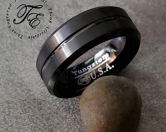 Black Grooved Tungsten Ring: Men's Promise or Wedding Band