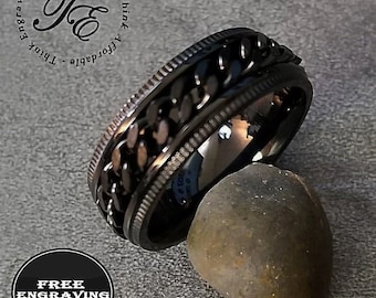Men's Black Chain Fidget Ring: Personalized Engraved Spinner, Stainless Steel