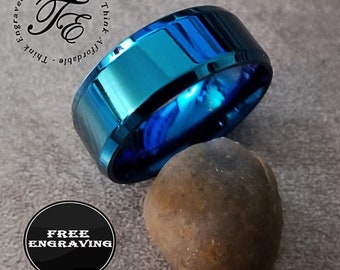 Personalized Blue Promise Ring: Engraved Stainless Steel Wedding Band