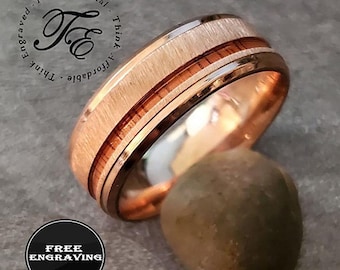 Engraved Koa Wood Rose Gold Men's Wedding Band