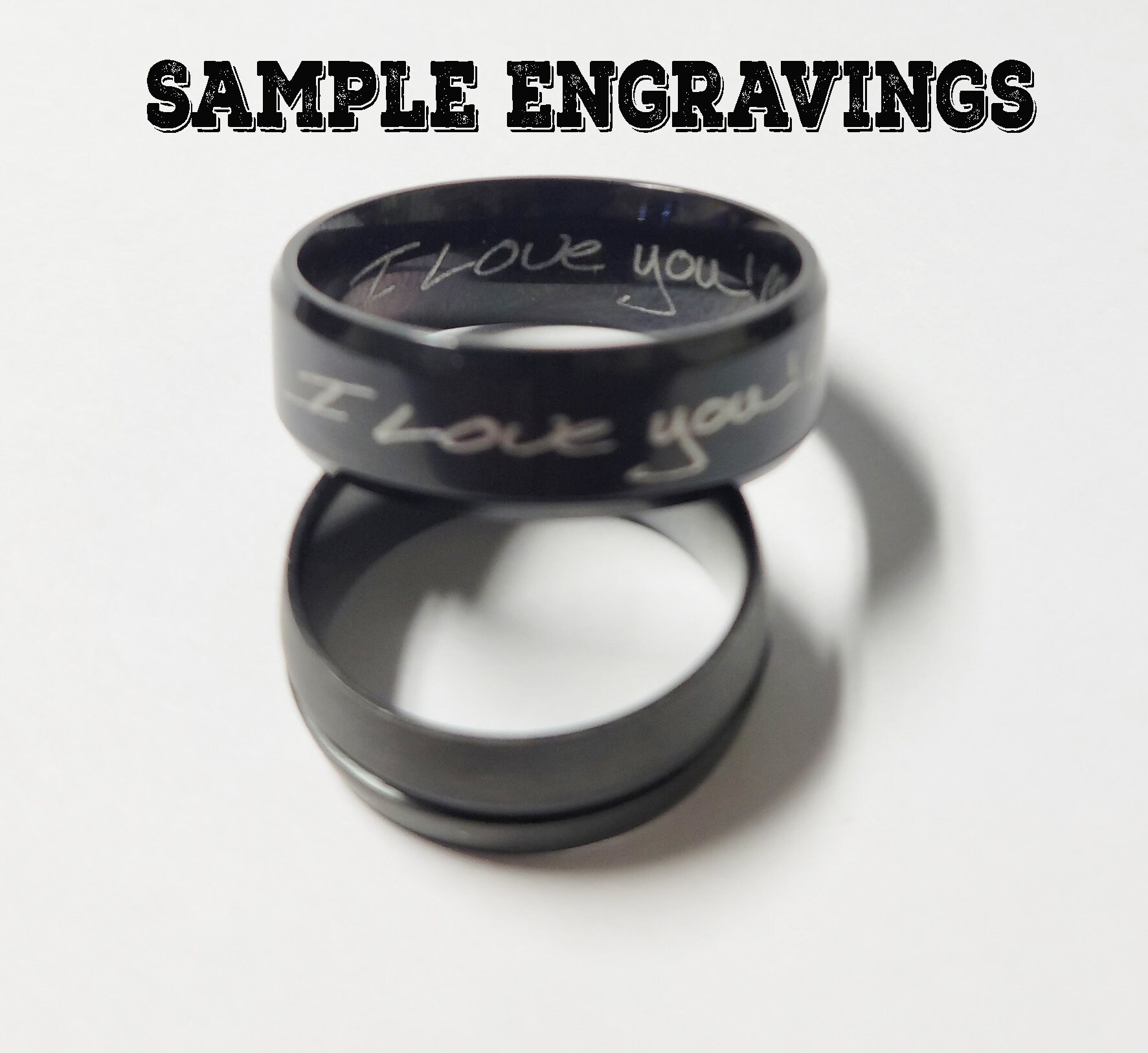 Matching Couple Promise Rings - Stainless Steel 6mm Engraved Wedding Bands, Silver & Black Set - View #3