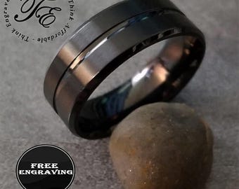 Anillo personalizado Black Groove: Anillo de promesa grabado, acero 316L