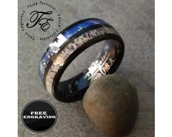 Engraved Tungsten Men's Promise Ring: Antler Inlay Wedding Band