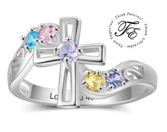Sterling Silver Cross Birthstone Ring: Personalized Family Ring
