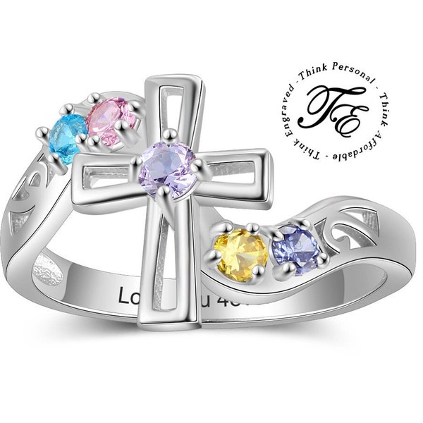 Cross Mothers Ring 5 Stone - Family Ring 5 Stone - Mothers Ring 5 Birthstone - Mothers Cross Birthstone Ring  - Faith Ring