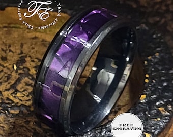 Men's Purple Charoite Wedding Ring Band - Engraved Stainless Steel