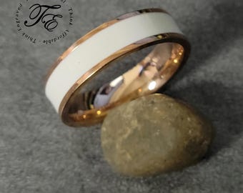 Men's White Ceramic Wedding Band: Rose Gold Accent, Comfort Fit