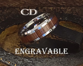 Engraved Koa Wood Inlay Tungsten Ring - Silver Promise Ring For Men