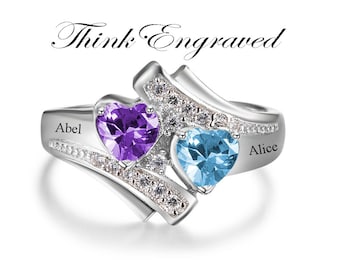 Anillo personalizado de dos piedras con forma de corazón y estilo vintage, con piedras de nacimiento para madres.