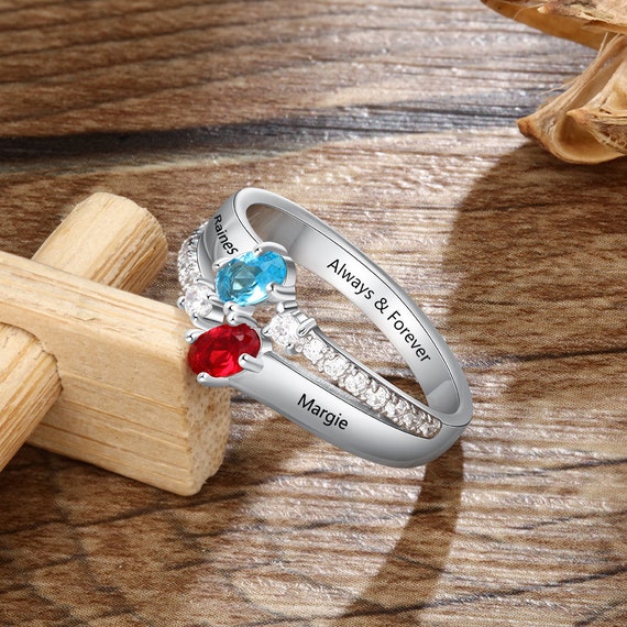 Personalized Mother’s Ring – Custom Name & Birthstone Heart Ring In Sterling Silver - View #12