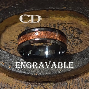 Engraved Koa Wood Inlay Men&#39;s Promise Ring - Black Surgical Steel Band