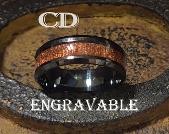 Men's Koa Wood Inlay Wedding Band - Black Surgical Steel, Engravable