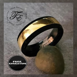 Engraved Men&#39;s Gold Tungsten Wedding Band or Promise Ring - Gold and Black Guys Ring