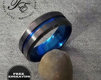 Personalized Blue Line Men's Wedding BandRing: Engraved Stainless Steel Promise Band