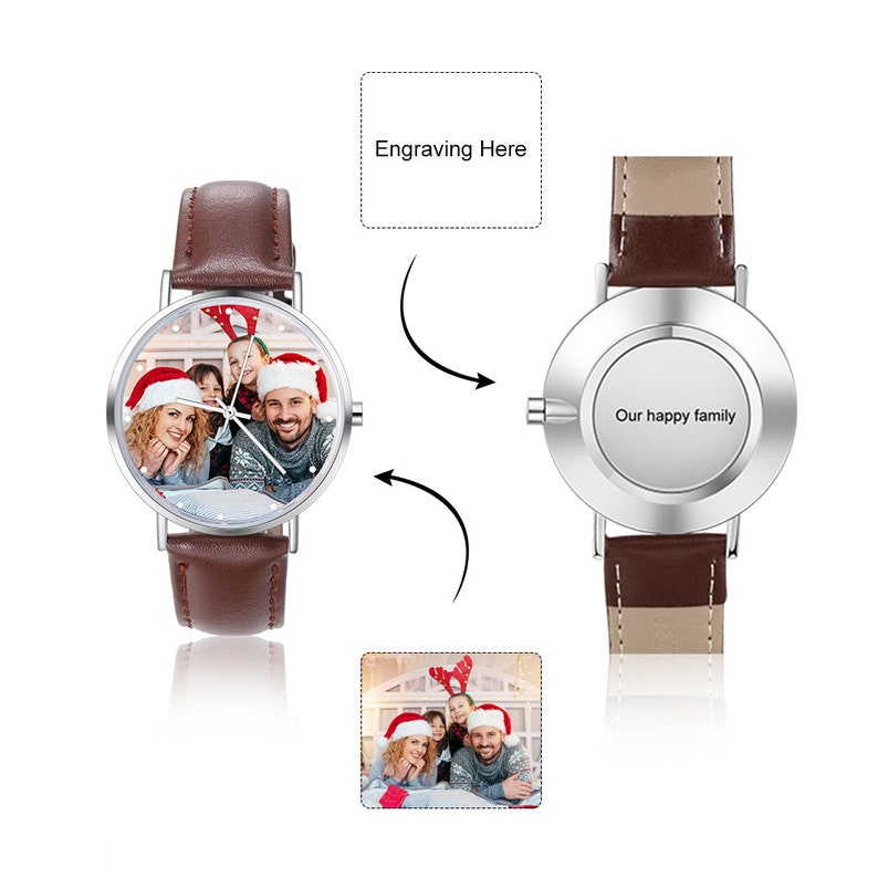 May include: A brown leather wristwatch with a silver face. The watch face has a photo of a family in a Christmas setting. The back of the watch has the text "Our happy family" engraved on it. The watch is shown with a blank face with the text "Engraving Here" above it.