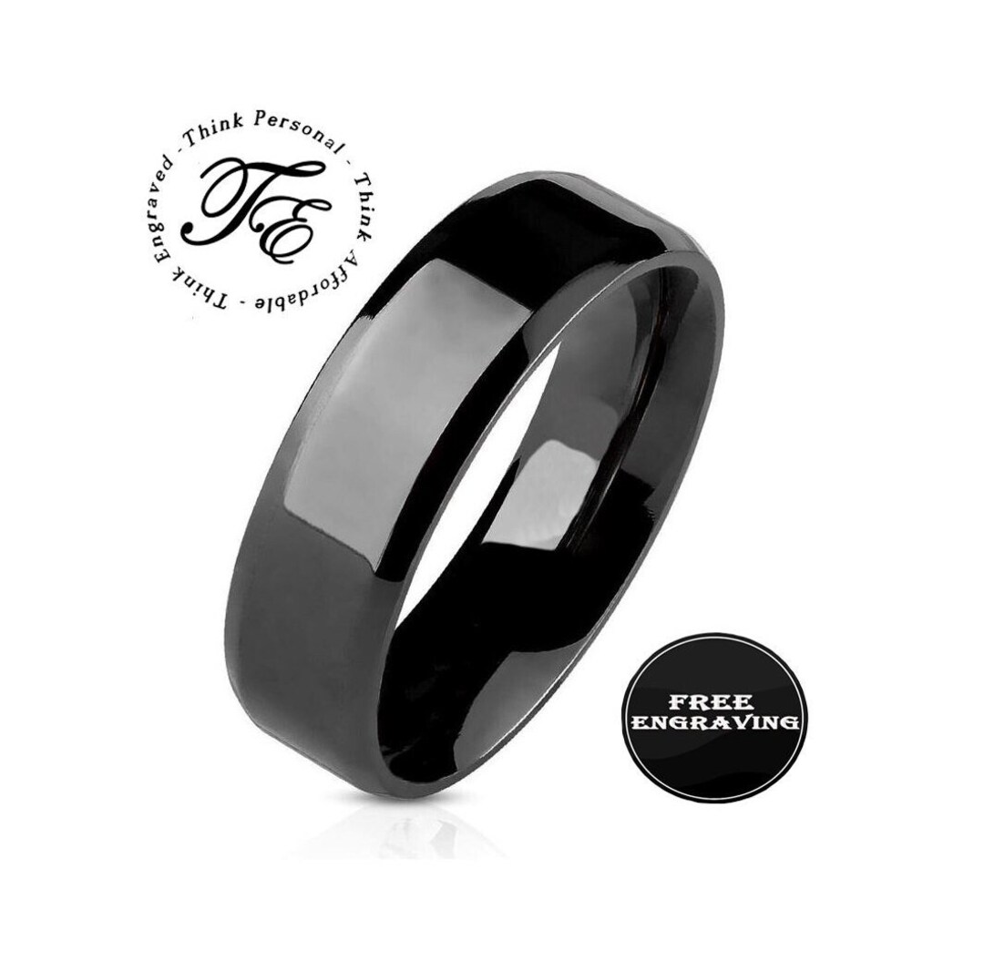 Personalized Men's Traditional Black Wedding Ring Engraved Handwriting