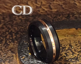 Men's Real Black Tungsten Promise Ring 14K Gold Filled Center Groove