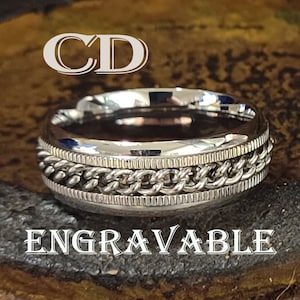 Personalized Men&#39;s Silver Chain Spinner Promise Ring Band - Engraved Anxiety Fidget Ring For Guys