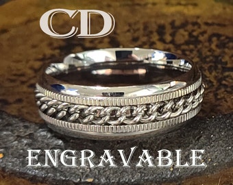 Personalized Men's Silver Chain Spinner Ring: Engraved Fidget Band