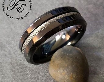 Men's Black Wire Cable Inlay Wedding Ring - Stainless Steel