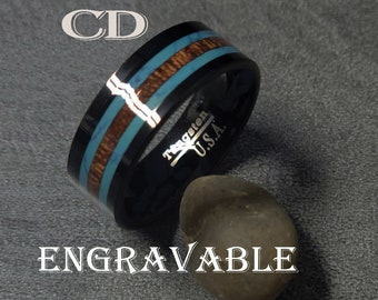 Anillo de boda para hombre de tungsteno negro con incrustaciones de madera y turquesa.