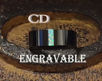 Personalized Black Surgical Steel Ring: Engraved White Opal Promise Band
