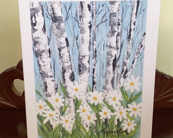 Birches and Flowers Greeting Card / Forest Birthday Card / Silver Birches Card /  Blank Inside